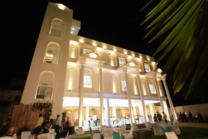 Palace façade framed by a palm frond